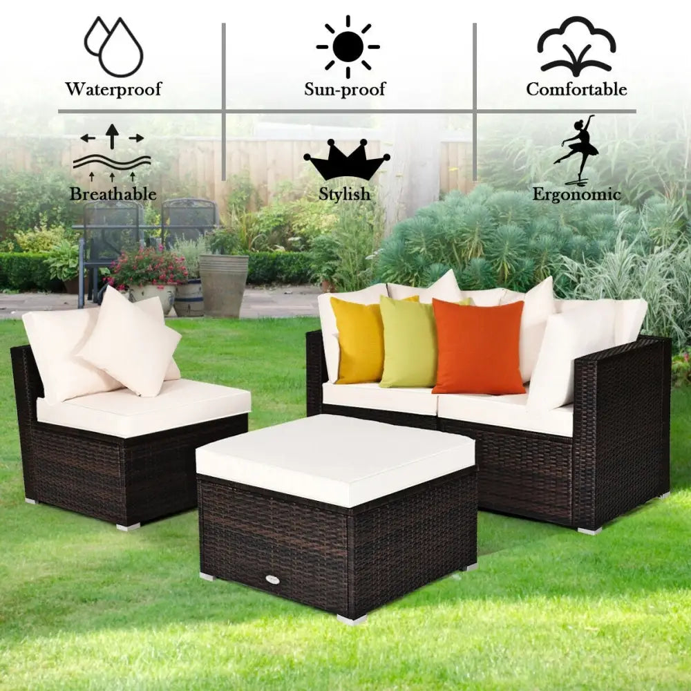 4 Pcs Ottoman Garden Deck Patio Rattan Wicker Furniture Set Cushioned Sofa-White - White - Outdoor Sectionals