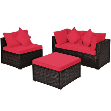 4 Pcs Ottoman Garden Deck Patio Rattan Wicker Furniture Set Cushioned Sofa-Red - Red - Outdoor Sectionals