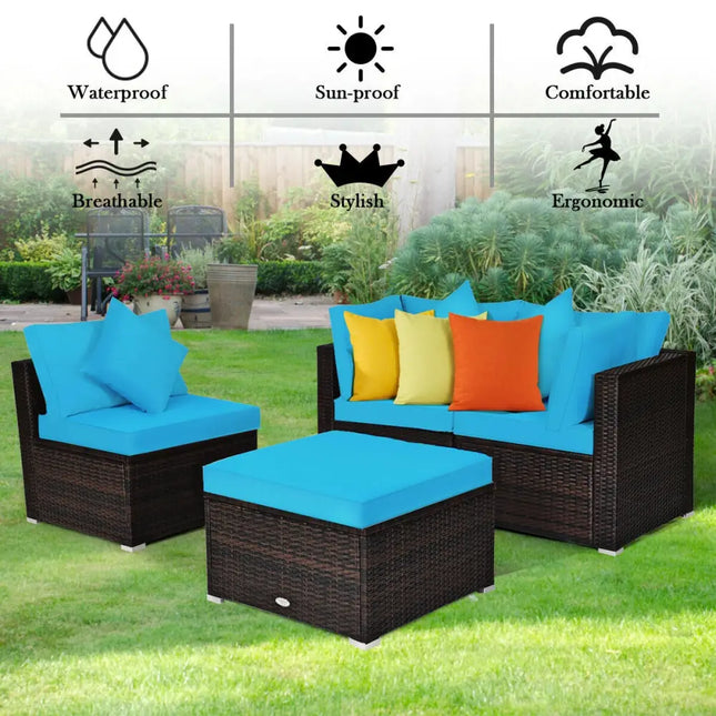 4 Pcs Ottoman Garden Deck Patio Rattan Wicker Furniture Set Cushioned Sofa-Turquoise - Turquoise - Outdoor Sectionals