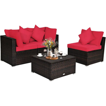 4 Pcs Ottoman Garden Deck Patio Rattan Wicker Furniture Set Cushioned Sofa-Red - Red - Outdoor Sectionals