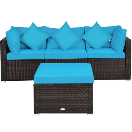 4 Pcs Ottoman Garden Deck Patio Rattan Wicker Furniture Set Cushioned Sofa-Turquoise - Turquoise - Outdoor Sectionals