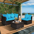 4 Pcs Ottoman Garden Deck Patio Rattan Wicker Furniture Set Cushioned Sofa-Turquoise - Turquoise - Outdoor Sectionals