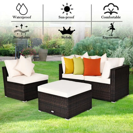4 Pcs Ottoman Garden Deck Patio Rattan Wicker Furniture Set Cushioned Sofa-White - White - Outdoor Sectionals