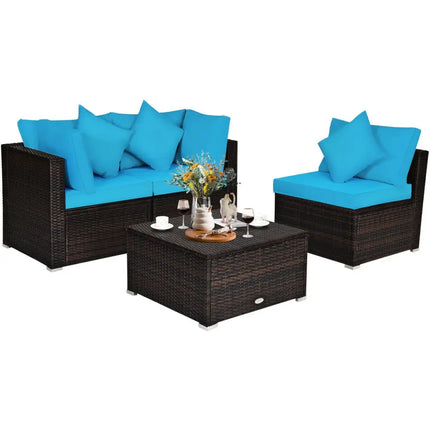 4 Pcs Ottoman Garden Deck Patio Rattan Wicker Furniture Set Cushioned Sofa-Turquoise - Turquoise - Outdoor Sectionals