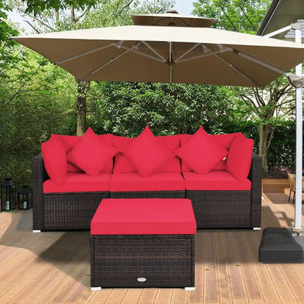 4 Pcs Ottoman Garden Deck Patio Rattan Wicker Furniture Set Cushioned Sofa-Red - Red - Outdoor Sectionals