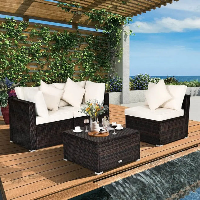 4 Pcs Ottoman Garden Deck Patio Rattan Wicker Furniture Set Cushioned Sofa-White - White - Outdoor Sectionals
