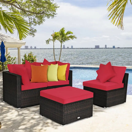 4 Pcs Ottoman Garden Deck Patio Rattan Wicker Furniture Set Cushioned Sofa-Red - Red - Outdoor Sectionals