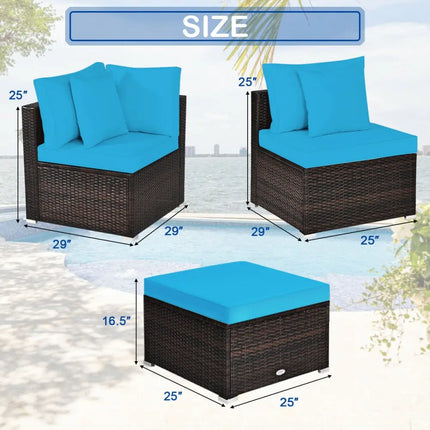 4 Pcs Ottoman Garden Deck Patio Rattan Wicker Furniture Set Cushioned Sofa-Turquoise - Turquoise - Outdoor Sectionals