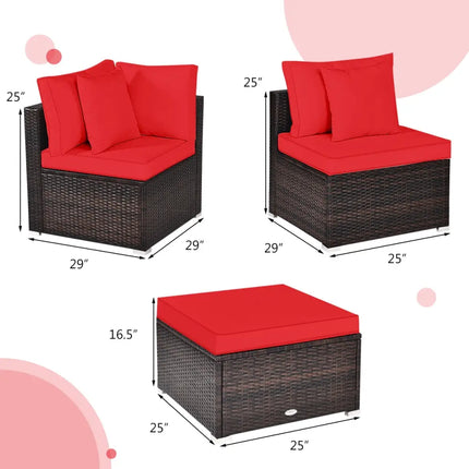 4 Pcs Ottoman Garden Deck Patio Rattan Wicker Furniture Set Cushioned Sofa-Red - Red - Outdoor Sectionals