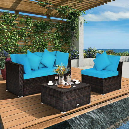 4 Pcs Ottoman Garden Deck Patio Rattan Wicker Furniture Set Cushioned Sofa-Turquoise - Turquoise - Outdoor Sectionals