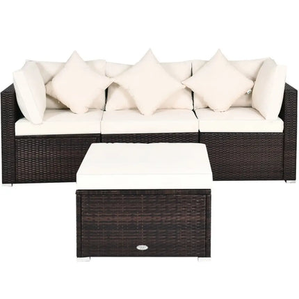 4 Pcs Ottoman Garden Deck Patio Rattan Wicker Furniture Set Cushioned Sofa-White - White - Outdoor Sectionals