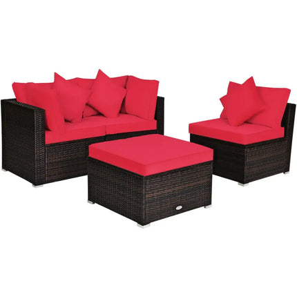 4 Pcs Ottoman Garden Deck Patio Rattan Wicker Furniture Set Cushioned Sofa-Red - Red - Outdoor Sectionals