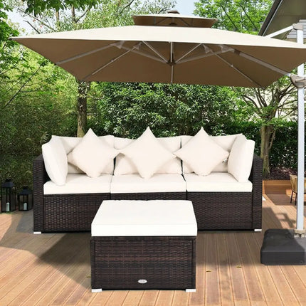 4 Pcs Ottoman Garden Deck Patio Rattan Wicker Furniture Set Cushioned Sofa-White - White - Outdoor Sectionals