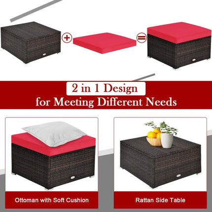 4 Pcs Ottoman Garden Deck Patio Rattan Wicker Furniture Set Cushioned Sofa-Red - Red - Outdoor Sectionals