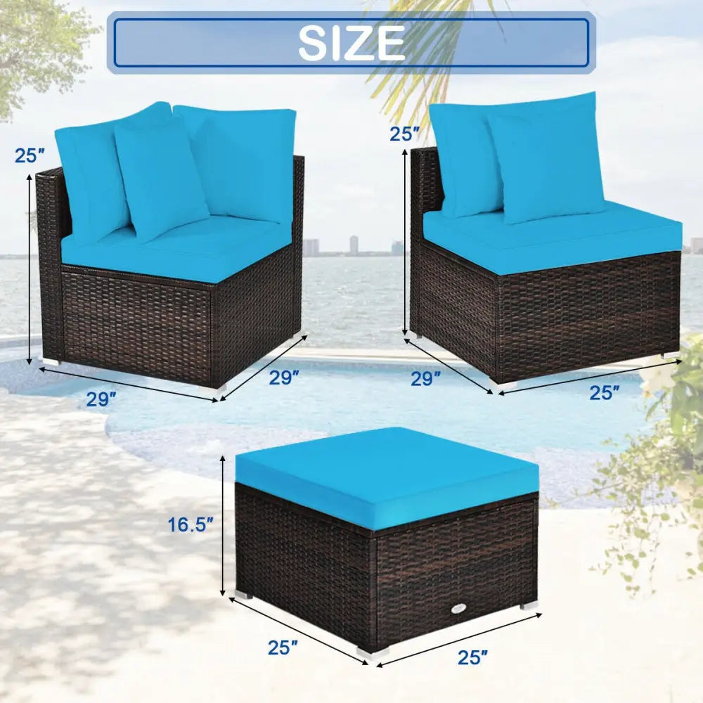 4 Pcs Ottoman Garden Deck Patio Rattan Wicker Furniture Set Cushioned Sofa-Turquoise - Turquoise - Outdoor Sectionals