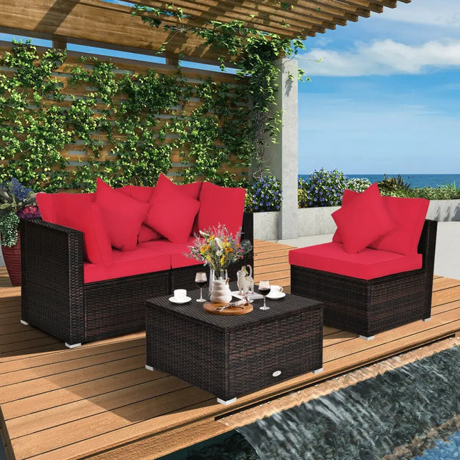 4 Pcs Ottoman Garden Deck Patio Rattan Wicker Furniture Set Cushioned Sofa-Red - Red - Outdoor Sectionals