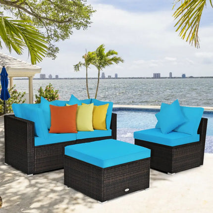 4 Pcs Ottoman Garden Deck Patio Rattan Wicker Furniture Set Cushioned Sofa-Turquoise - Turquoise - Outdoor Sectionals
