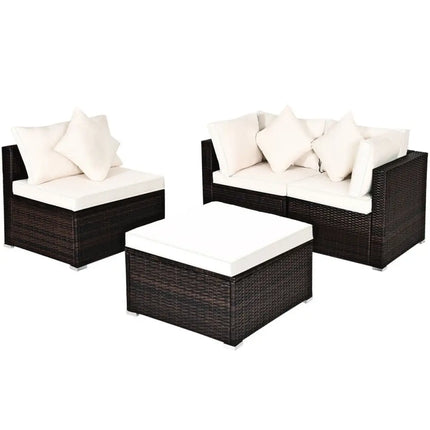 4 Pcs Ottoman Garden Deck Patio Rattan Wicker Furniture Set Cushioned SofaWhite - Oasis Home Essentials