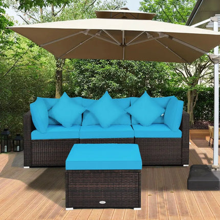4 Pcs Ottoman Garden Deck Patio Rattan Wicker Furniture Set Cushioned Sofa-Turquoise - Turquoise - Outdoor Sectionals