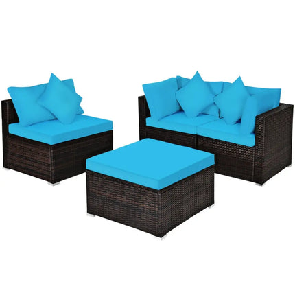 4 Pcs Ottoman Garden Deck Patio Rattan Wicker Furniture Set Cushioned Sofa-Turquoise - Turquoise - Outdoor Sectionals