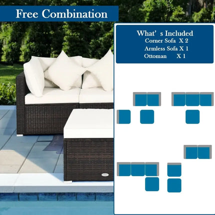 4 Pcs Ottoman Garden Deck Patio Rattan Wicker Furniture Set Cushioned Sofa-White - White - Outdoor Sectionals