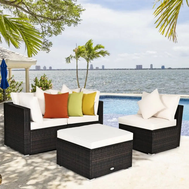 4 Pcs Ottoman Garden Deck Patio Rattan Wicker Furniture Set Cushioned Sofa-White - White - Outdoor Sectionals