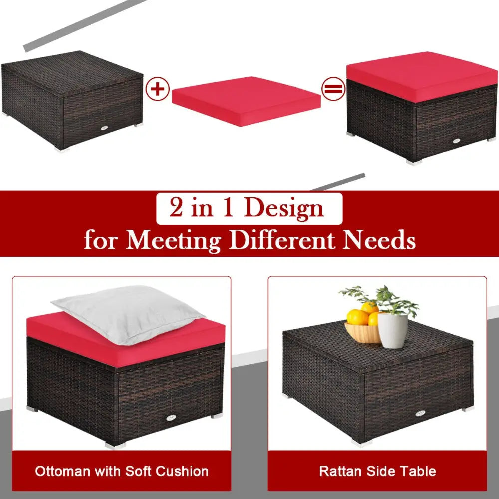 4 Pcs Ottoman Garden Deck Patio Rattan Wicker Furniture Set Cushioned Sofa-Red - Red - Outdoor Sectionals