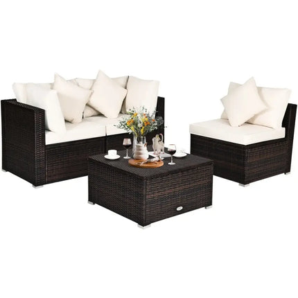 4 Pcs Ottoman Garden Deck Patio Rattan Wicker Furniture Set Cushioned Sofa-White - White - Outdoor Sectionals