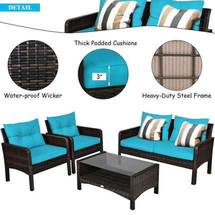 4 Pcs Outdoor Rattan Wicker Loveseat Furniture Set with Cushions-Turquoise - Turquoise - Patio Furniture Sets