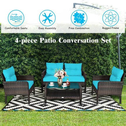 4 Pcs Outdoor Rattan Wicker Loveseat Furniture Set with Cushions-Turquoise - Turquoise - Patio Furniture Sets