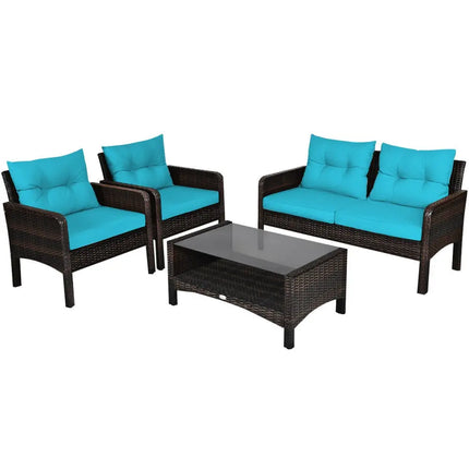 4 Pcs Outdoor Rattan Wicker Loveseat Furniture Set with Cushions-Turquoise - Turquoise - Patio Furniture Sets