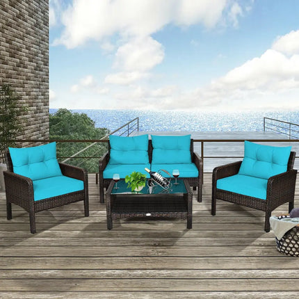 4 Pcs Outdoor Rattan Wicker Loveseat Furniture Set with Cushions-Turquoise - Turquoise - Patio Furniture Sets