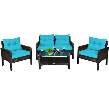 4 Pcs Outdoor Rattan Wicker Loveseat Furniture Set with Cushions-Turquoise - Turquoise - Patio Furniture Sets