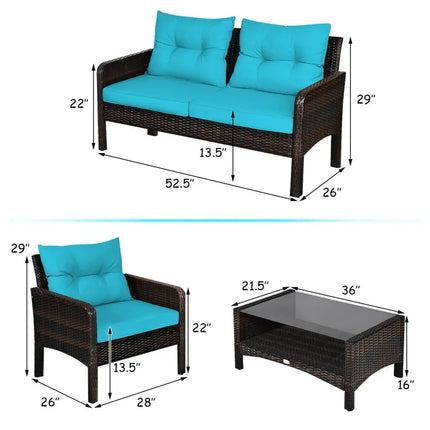 4 Pcs Outdoor Rattan Wicker Loveseat Furniture Set with Cushions-Turquoise - Turquoise - Patio Furniture Sets