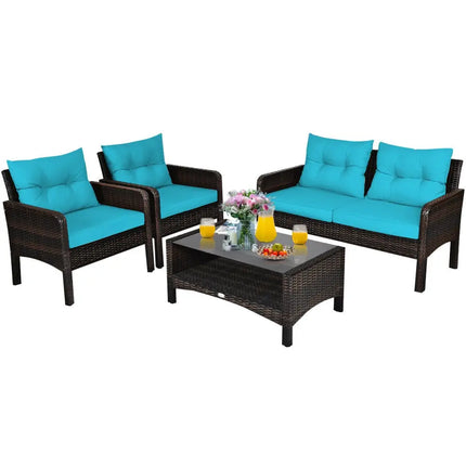 4 Pcs Outdoor Rattan Wicker Loveseat Furniture Set with Cushions-Turquoise - Turquoise - Patio Furniture Sets