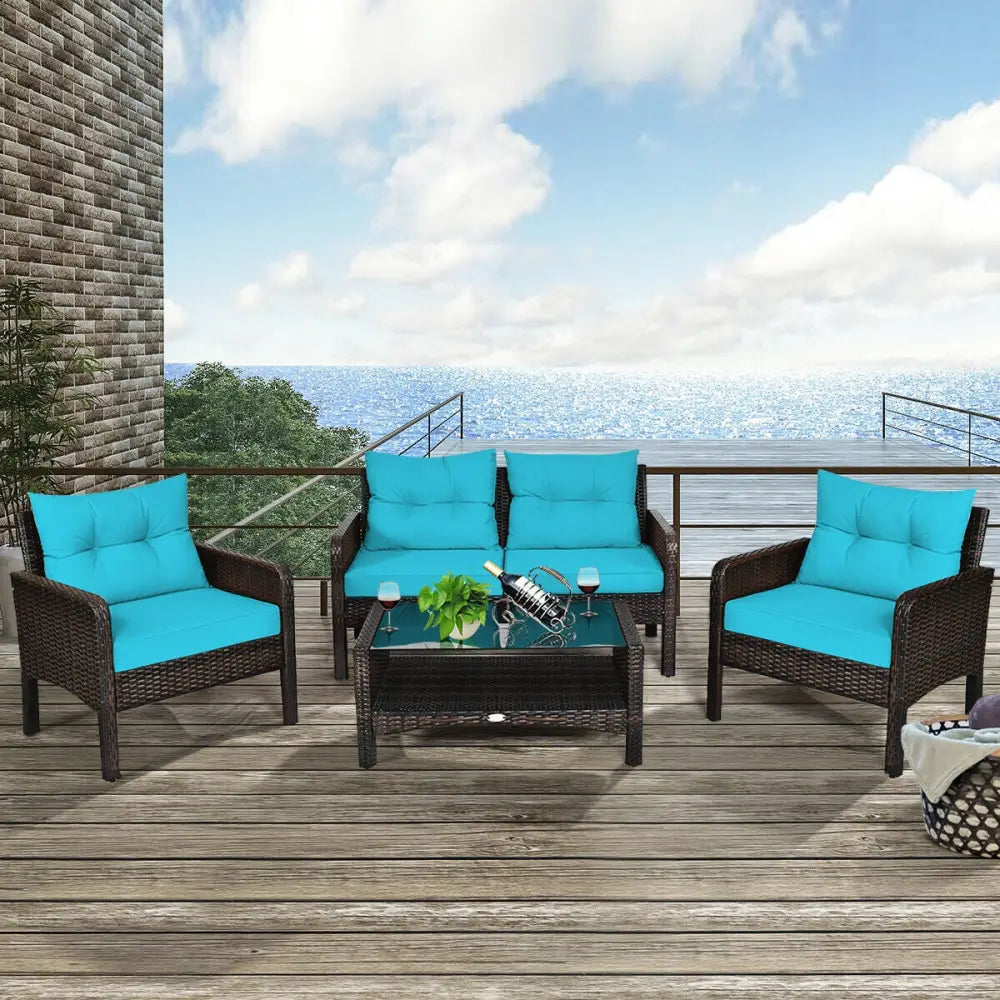 4 Pcs Outdoor Rattan Wicker Loveseat Furniture Set with Cushions-Turquoise - Turquoise - Patio Furniture Sets