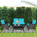 4 Pcs Outdoor Rattan Wicker Loveseat Furniture Set with Cushions-Turquoise - Turquoise - Patio Furniture Sets