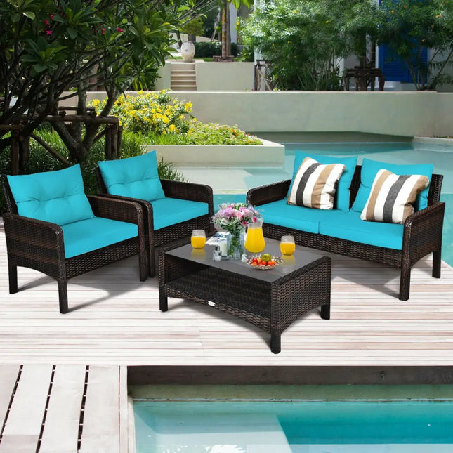 4 Pcs Outdoor Rattan Wicker Loveseat Furniture Set with Cushions-Turquoise - Turquoise - Patio Furniture Sets