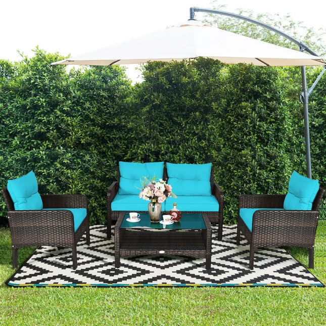 4 Pcs Outdoor Rattan Wicker Loveseat Furniture Set with Cushions-Turquoise - Turquoise - Patio Furniture Sets