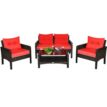 4 Pcs Outdoor Rattan Wicker Loveseat Furniture Set with Cushions-Red - Red - Patio Furniture Sets