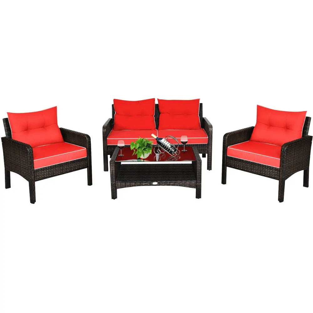 4 Pcs Outdoor Rattan Wicker Loveseat Furniture Set with Cushions-Red - Red - Patio Furniture Sets