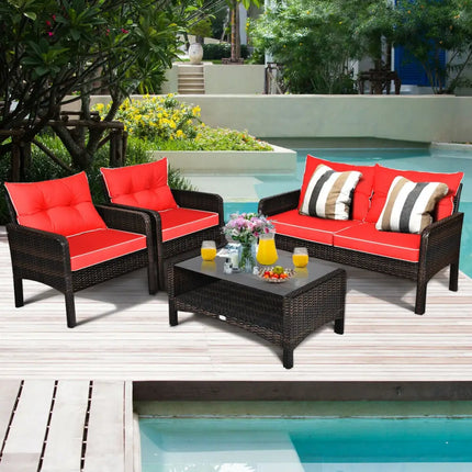 4 Pcs Outdoor Rattan Wicker Loveseat Furniture Set with Cushions-Red - Red - Patio Furniture Sets
