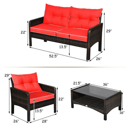 4 Pcs Outdoor Rattan Wicker Loveseat Furniture Set with Cushions-Red - Red - Patio Furniture Sets
