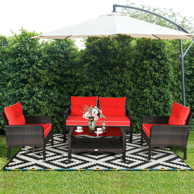 4 Pcs Outdoor Rattan Wicker Loveseat Furniture Set with Cushions-Red - Red - Patio Furniture Sets