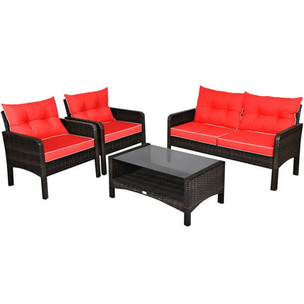 4 Pcs Outdoor Rattan Wicker Loveseat Furniture Set with Cushions-Red - Red - Patio Furniture Sets