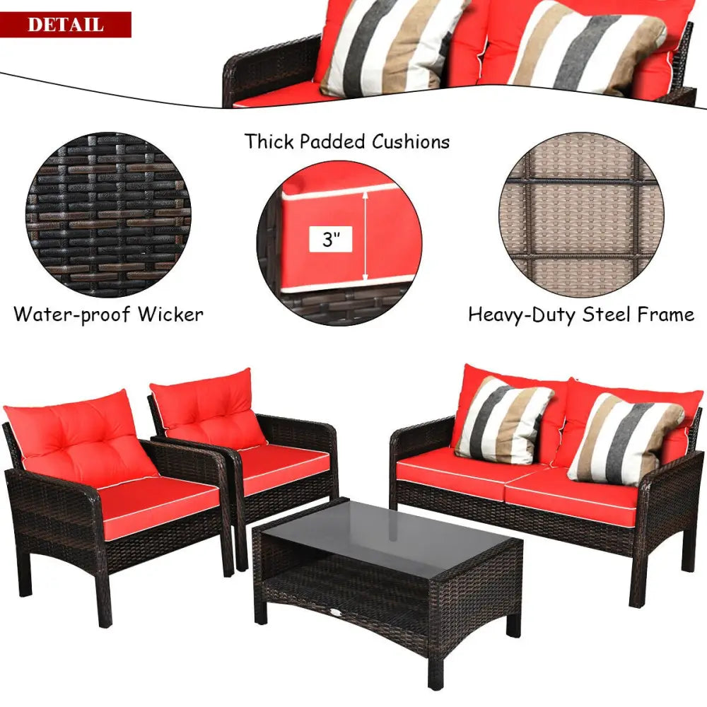 4 Pcs Outdoor Rattan Wicker Loveseat Furniture Set with Cushions-Red - Red - Patio Furniture Sets