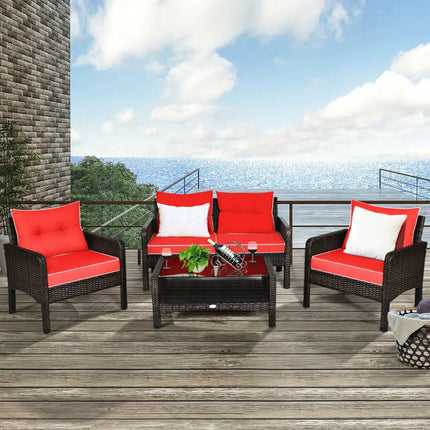 4 Pcs Outdoor Rattan Wicker Loveseat Furniture Set with Cushions-Red - Red - Patio Furniture Sets