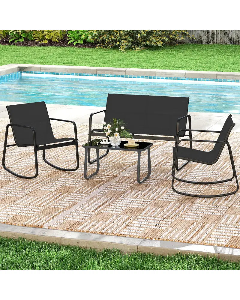 4 PCS Patio Furniture Set Outdoor Rocker Chair Conversation Set-Black - Black - Patio Conversation Sets