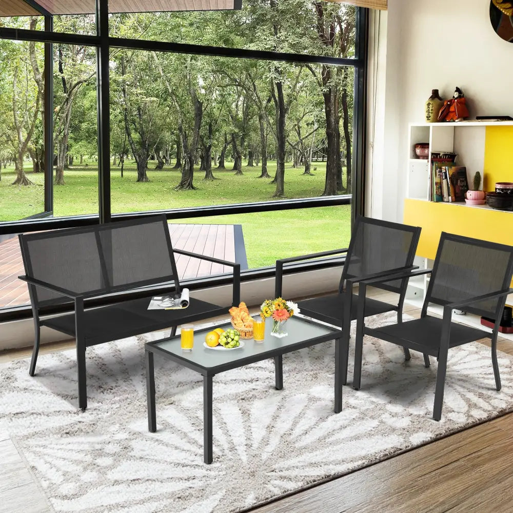 4 PCS Patio Furniture Set Sofa Coffee Table Steel Frame Garden-Gray - Gray - Patio Conversation Sets