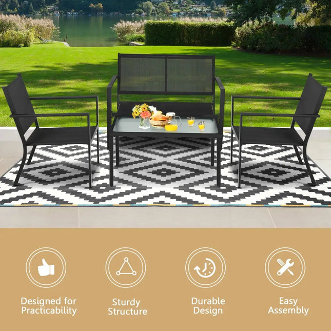 4 PCS Patio Furniture Set Sofa Coffee Table Steel Frame Garden-Gray - Gray - Patio Conversation Sets